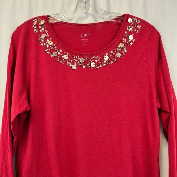 J Jill Womens Gilded Tee T-Shirt Red Long Sleeve Scoop Neck Embellished Sequin M - Picture 9 of 11